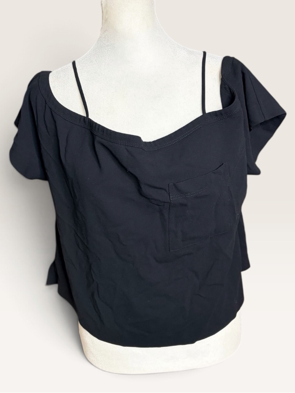 Off-Shoulder Black Blouse with Chest Pocket